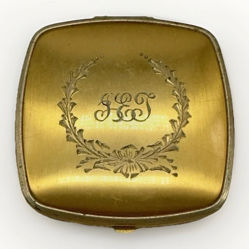 Vintage Gold Tone Powder Double Compact Mirror Mid Century Vanity